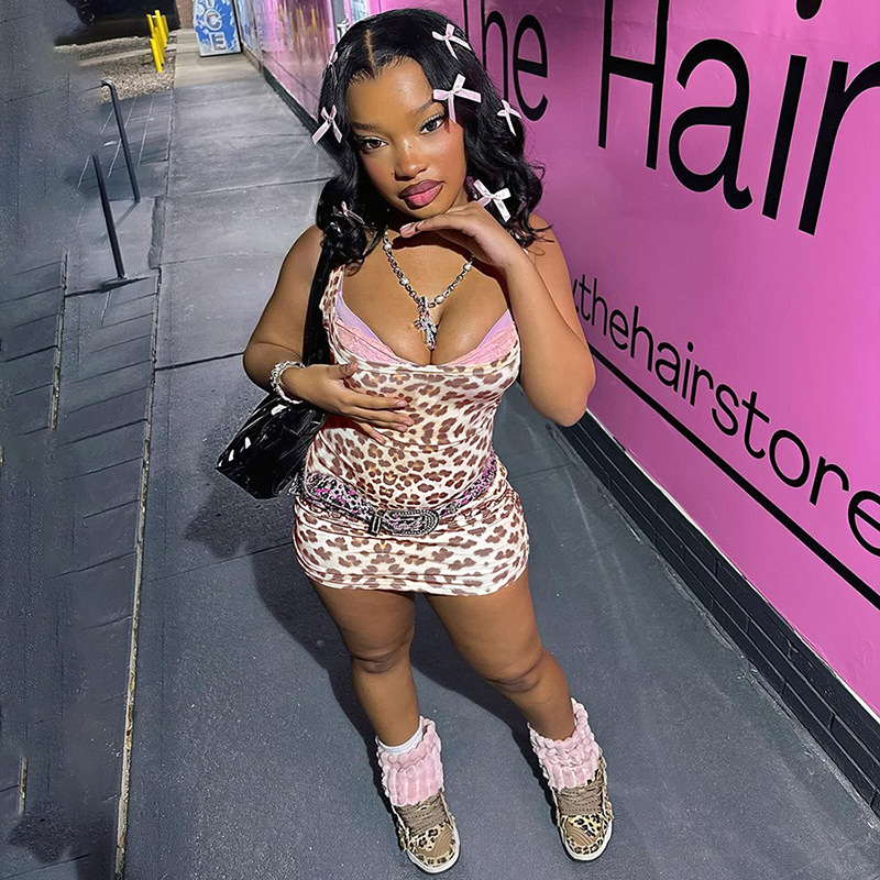 Women's Spring Sexy Lace Patchwork V-Neck Bodycon Leopard Dress