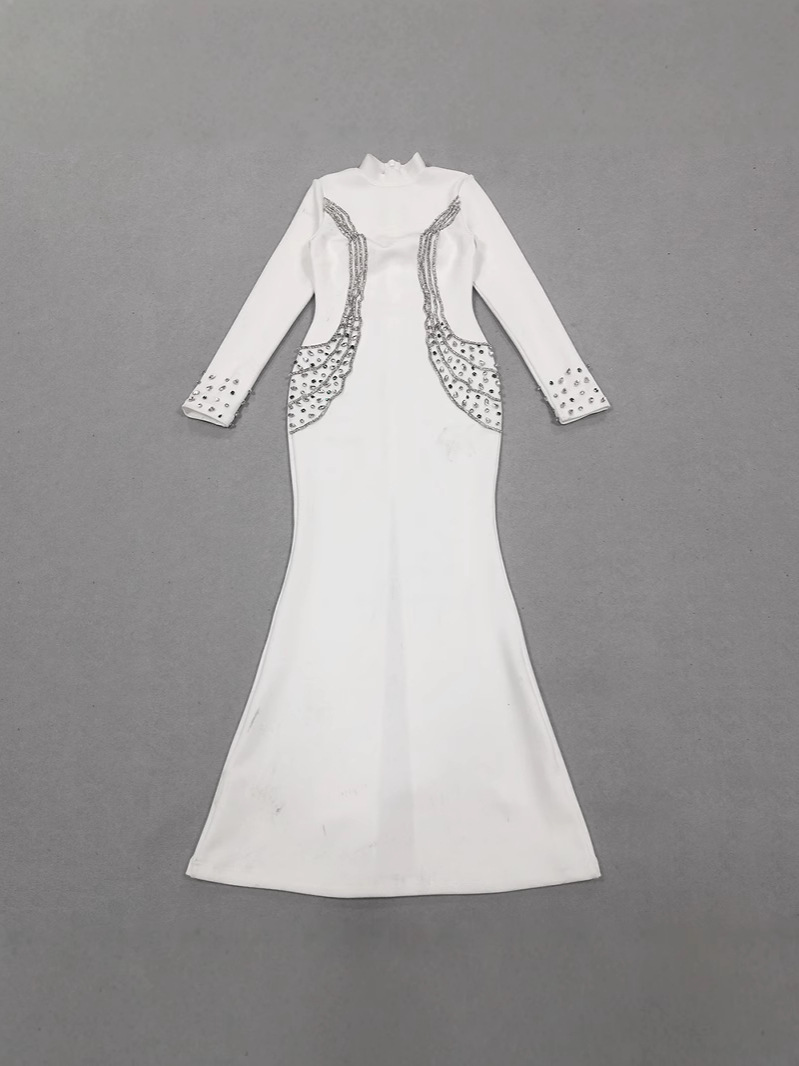 Fall/Winter Long-Sleeve Bandage Dress Rhinestone High Neck Party Gown