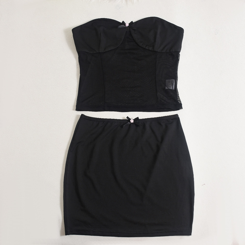 Women See-Through Sexy Patchwork Wrap Top and Skirt Two Piece Set