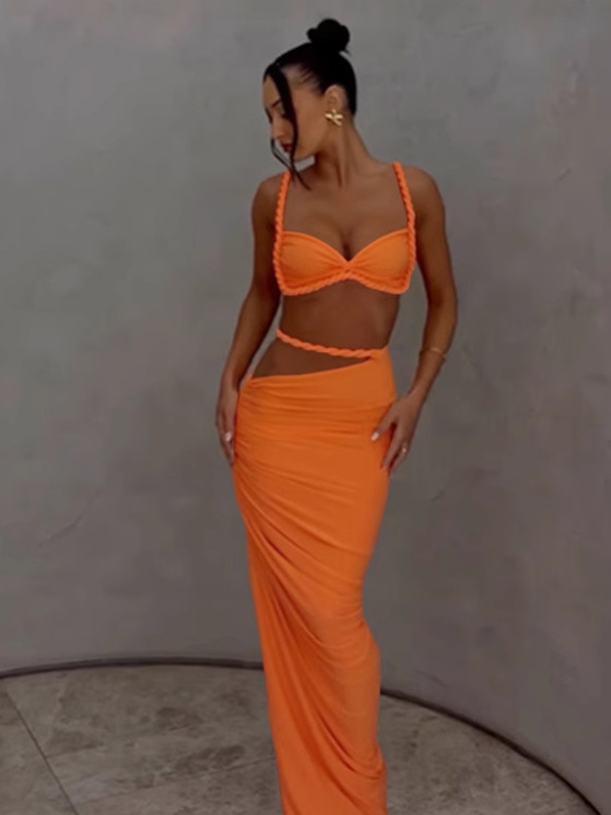 Women Spring Sexy Solid Backless Top and Bodycon Skirt Two-piece Set