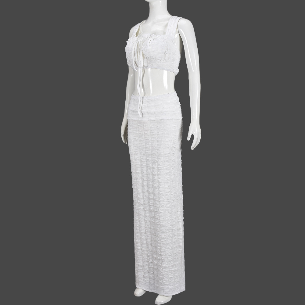 Sexy Cut-Out Square Neck Lace-Up Top with Slim Long Skirt Two Piece Set