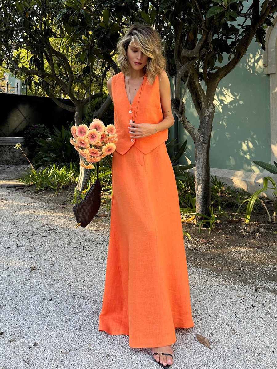 Women Orange Sleeveless Top and Skirt Casual Two Piece Set