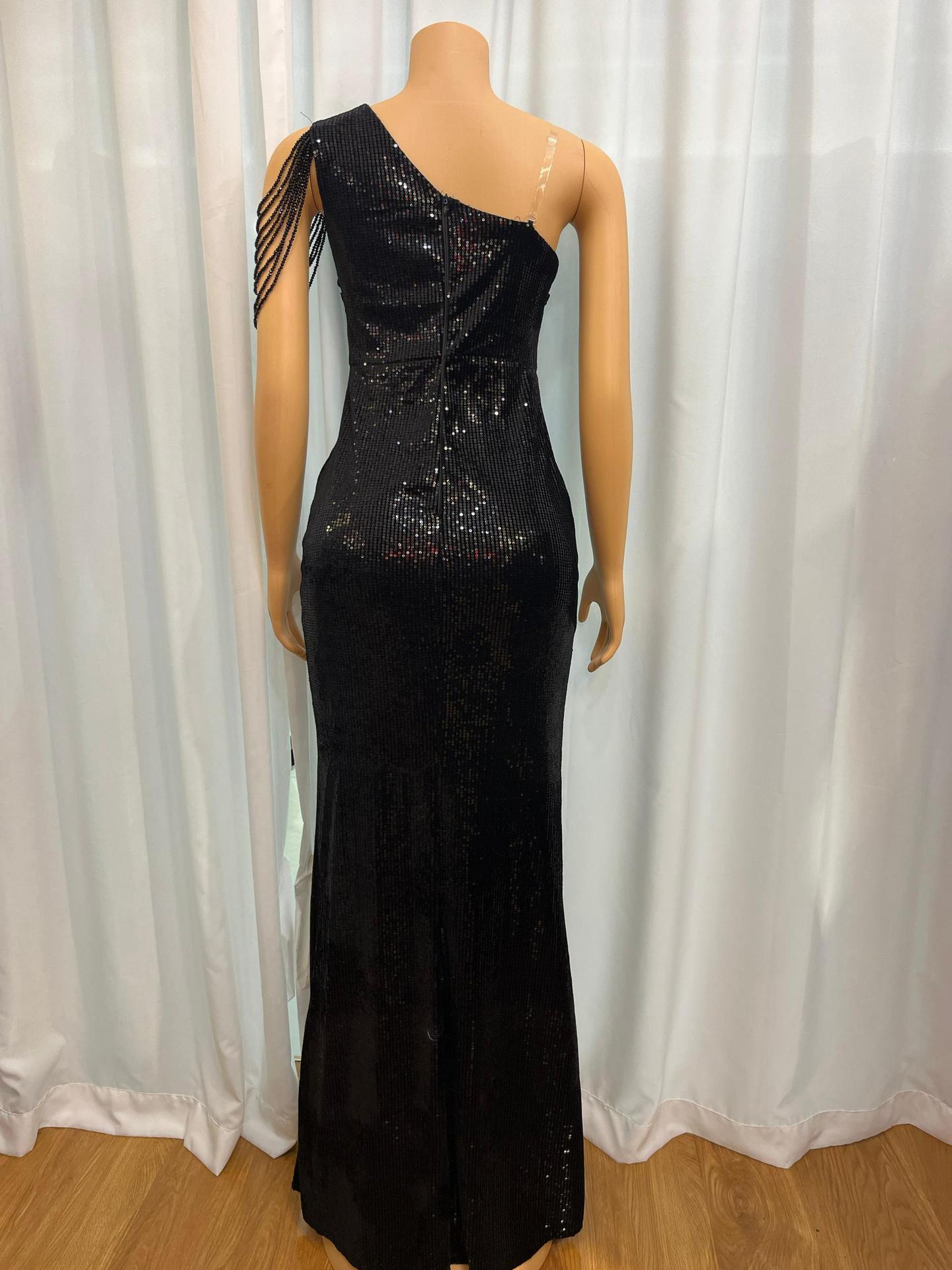 Slash Shoulder Chain Sexy Sequin Low-Back Slim Long Evening Dress