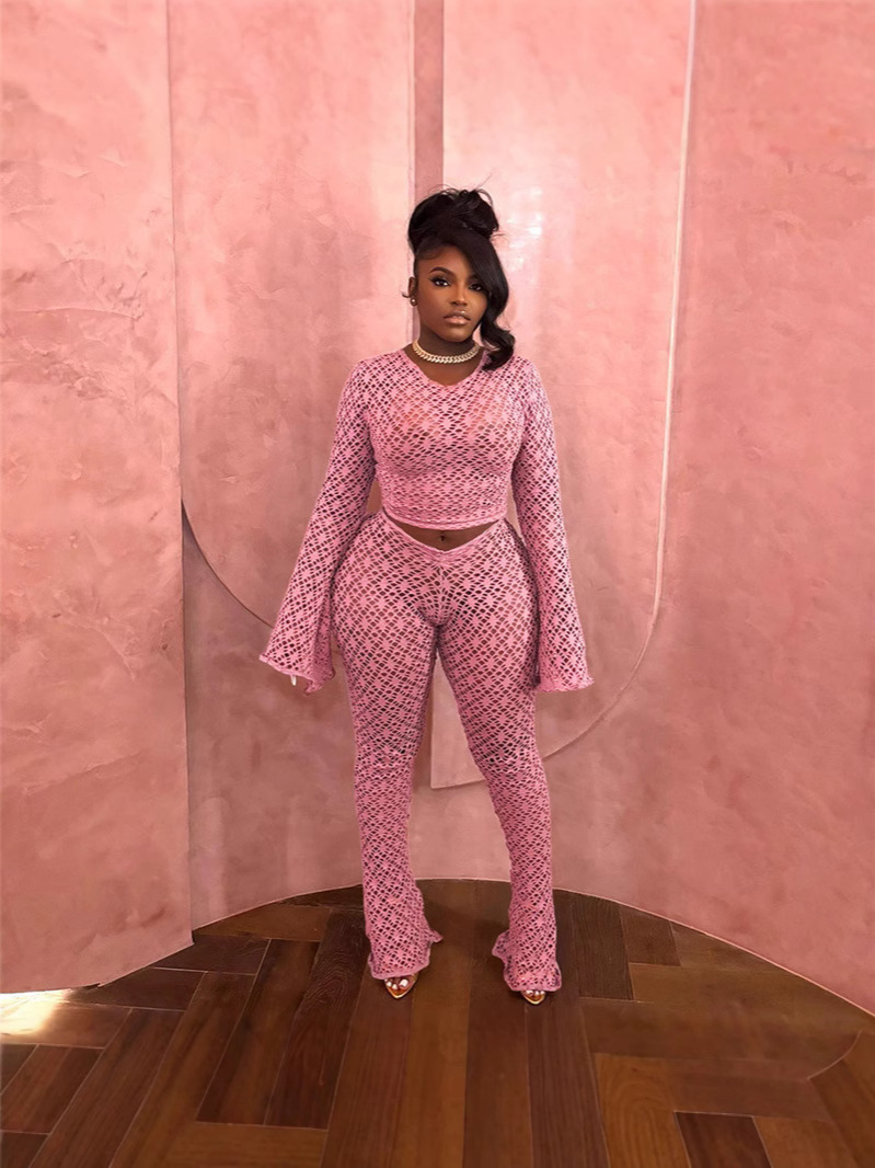 Women Sexy Lace Ripped See-Through Long Sleeve Crop Top and Pants Two Piece Set