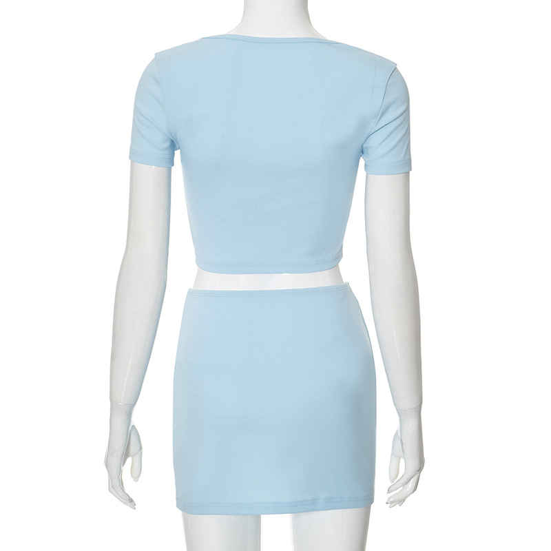 Women Spring Bowknot Hollow Crop Top and Skirt Two Piece Set