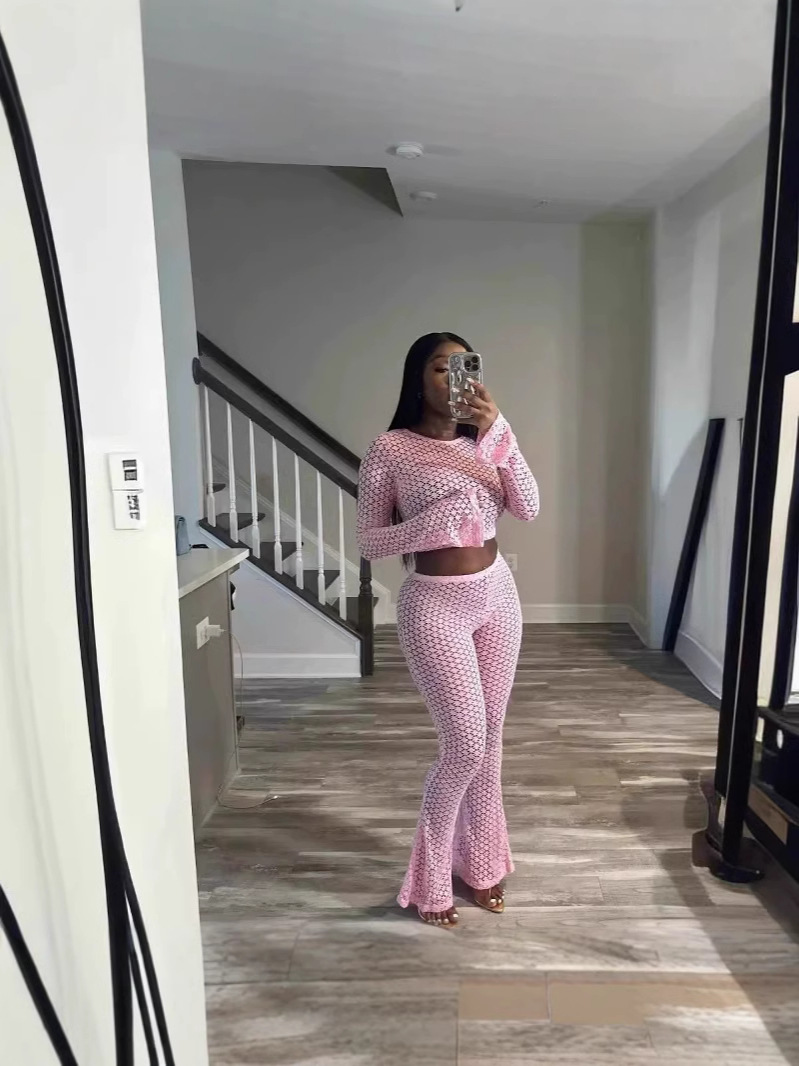 Women Sexy Lace Ripped See-Through Long Sleeve Crop Top and Pants Two Piece Set