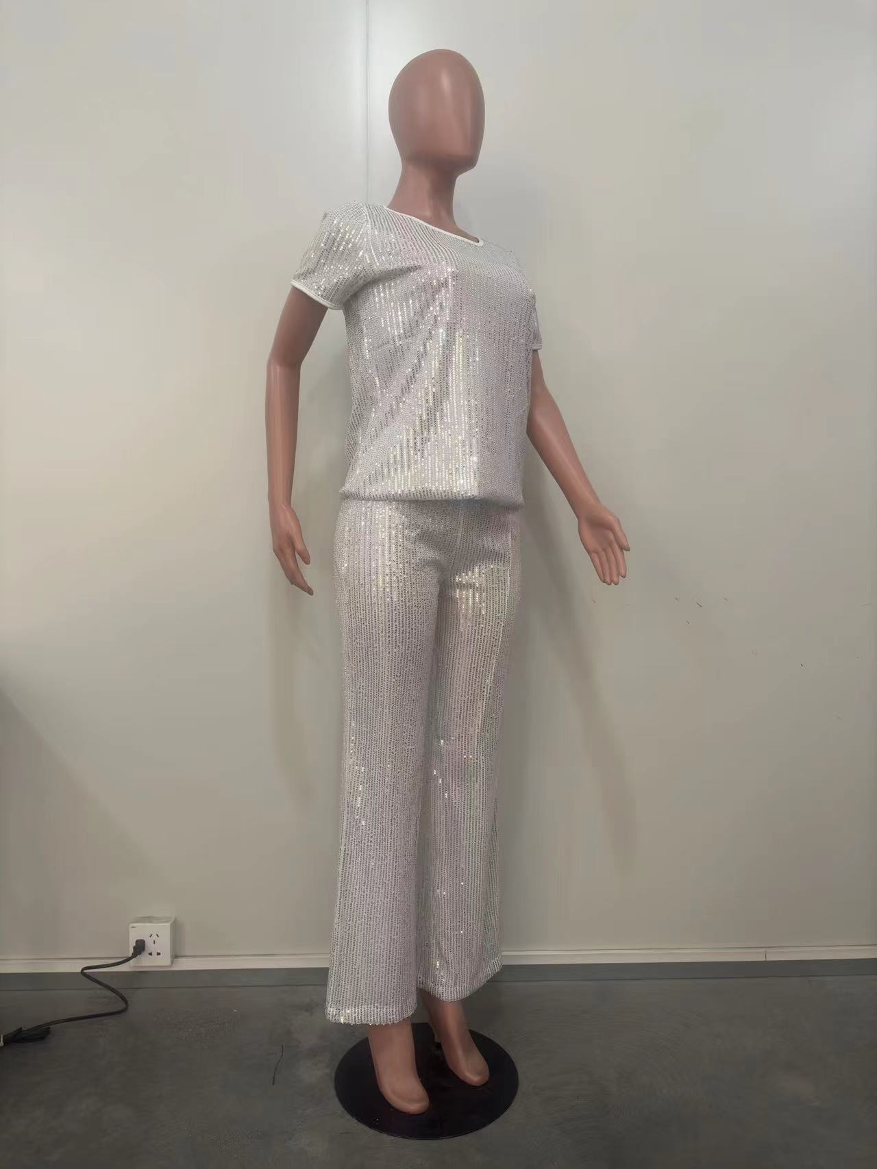 Women Spring Summer Sequin Solid Short Sleeve Top and Pants Two-piece Set