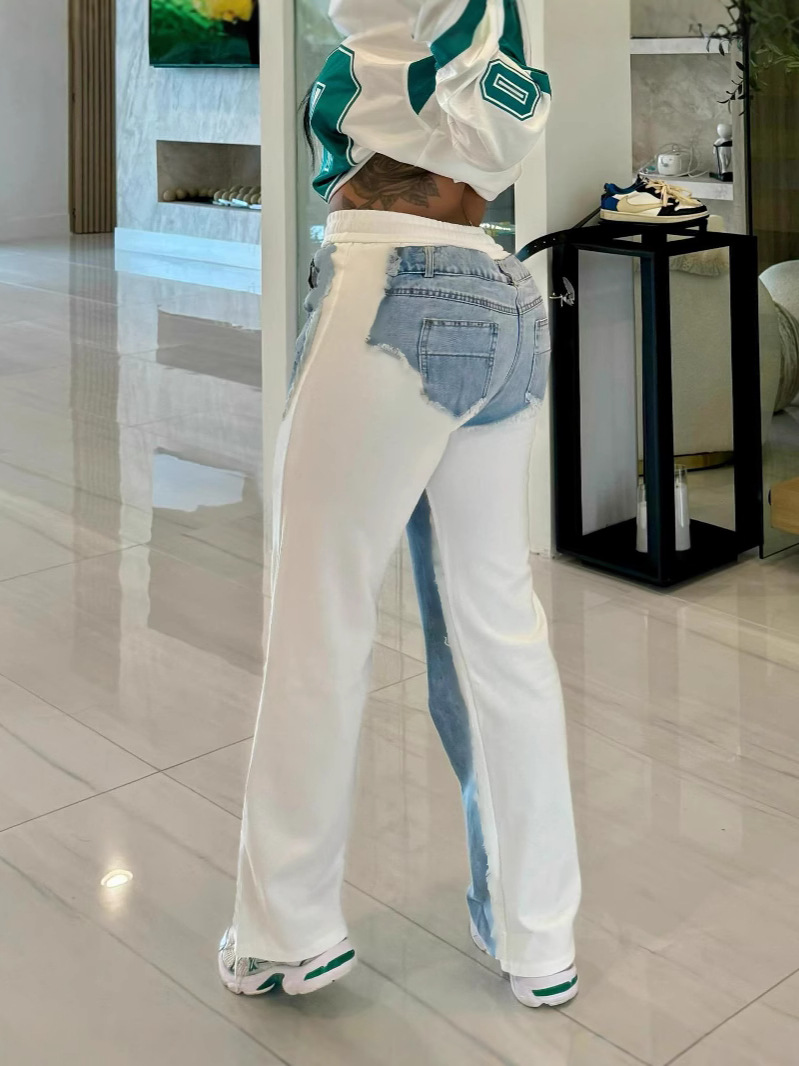 Spring/Summer Denim Print Contrast Pocket Elastic Waist Casual Straight-Leg Pants