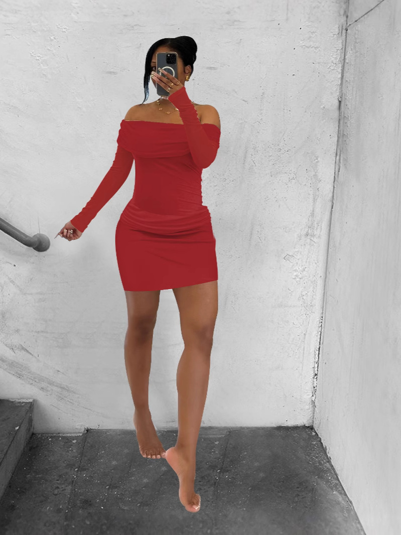 Women's Spring/Summer See-Through Mesh Long-Sleeve Patchwork Off-Shoulder Ruched Two-Piece Skirt Set