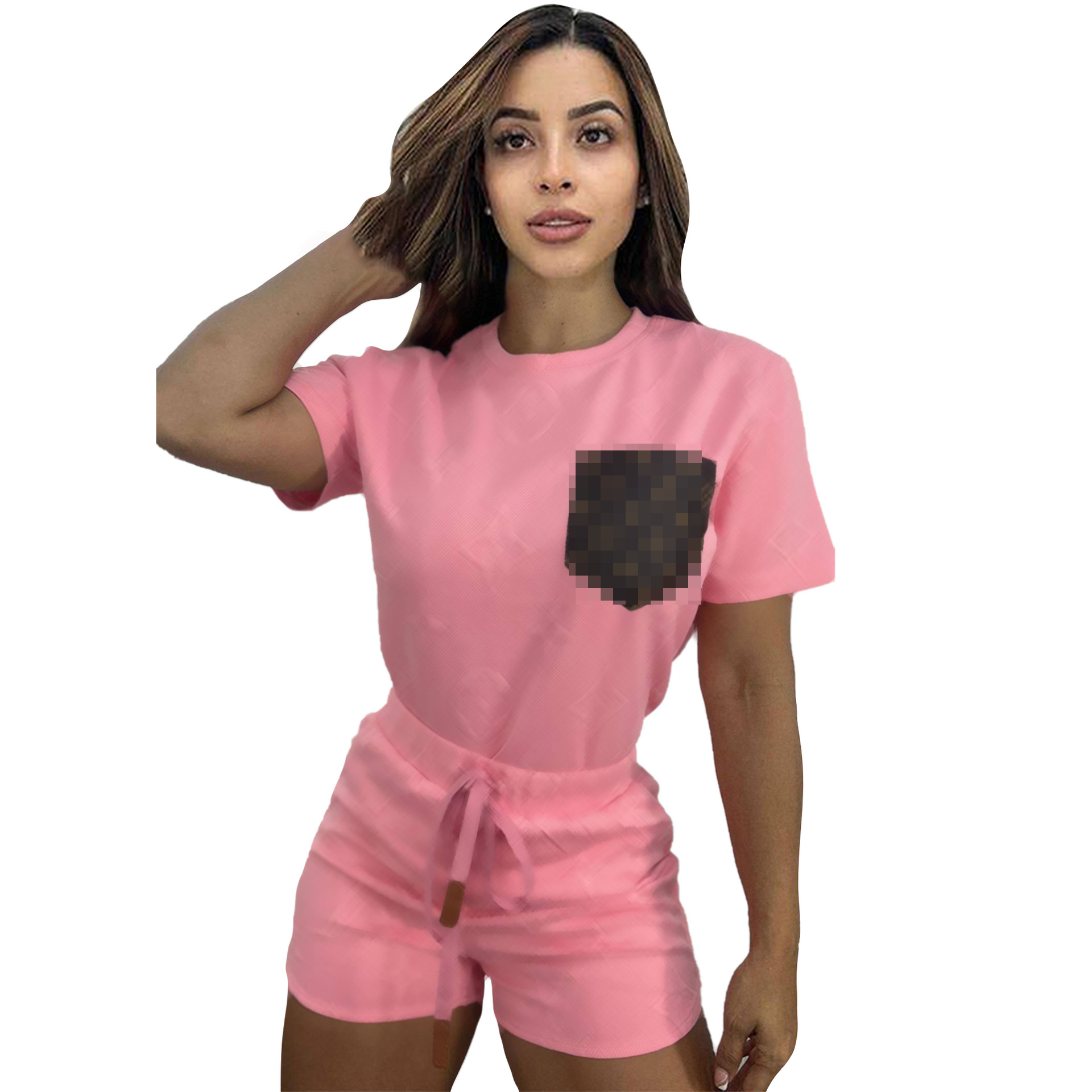 Women Short Sleeve Patch procket Top and Shorts Two Piece Set