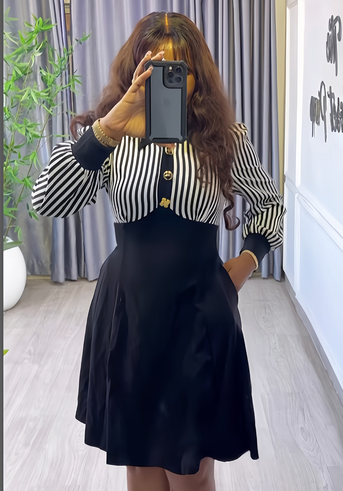 Women Spring Long Sleeve Single-Breasted Shirt Collar Striped Dress