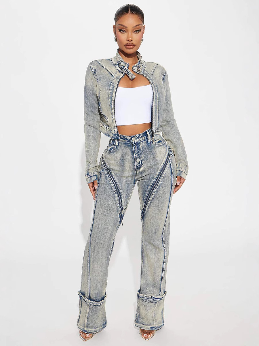 Women Spring Sexy Stretch Washed Zipper Denim Jacket Top and PantsTwo Piece Set