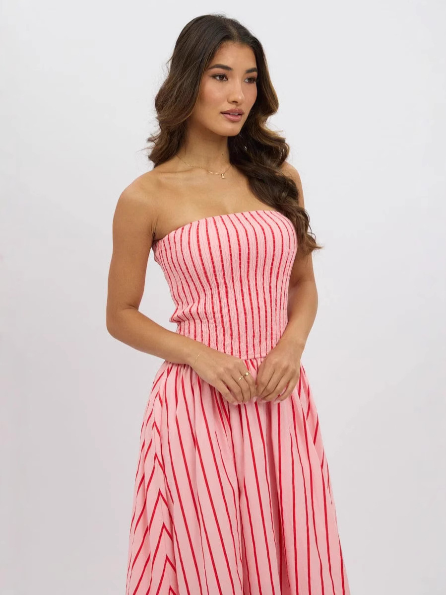 Striped Printed Strapless Sexy Women's Long Dress