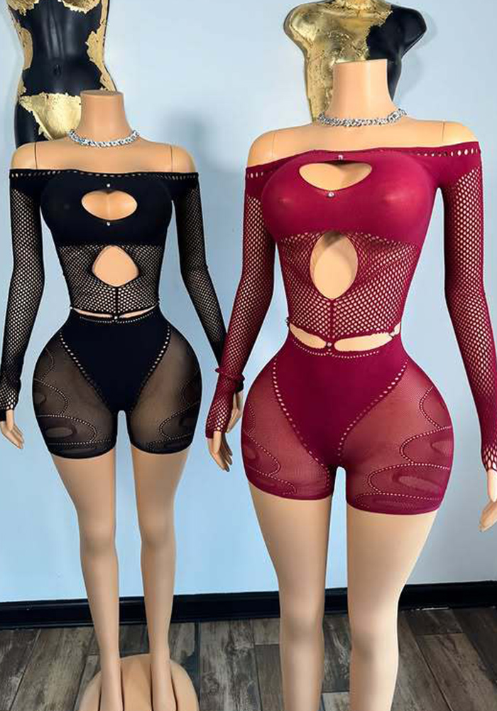 Women Sexy Hollow Off Shoulder Long Sleeve Top and Shorts Set