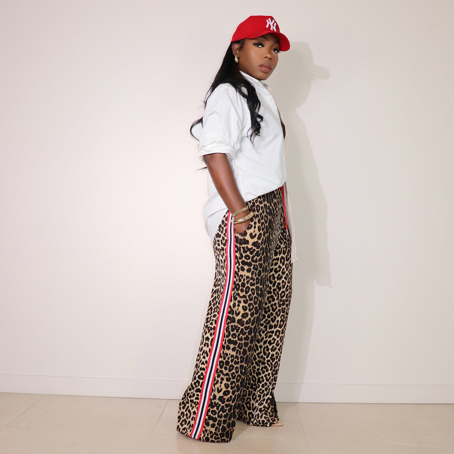 Spring/Summer Fashion Leopard Patchwork Contrast Stripes Casual Straight-Leg Pants