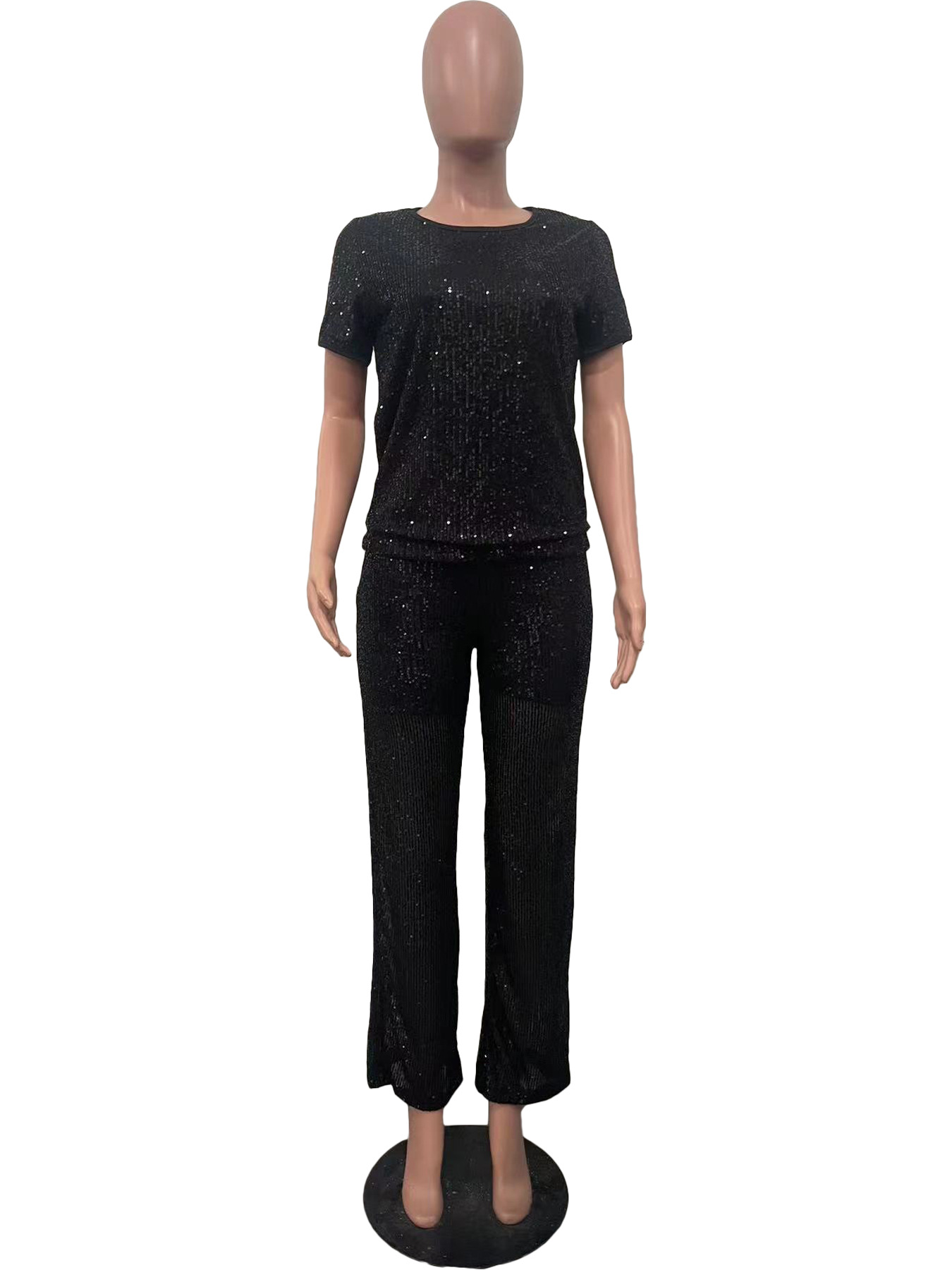Women Spring Summer Sequin Solid Short Sleeve Top and Pants Two-piece Set