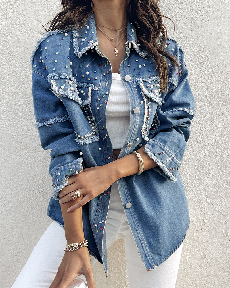 Women Beaded Contrast Denim Long Sleeve Jacket