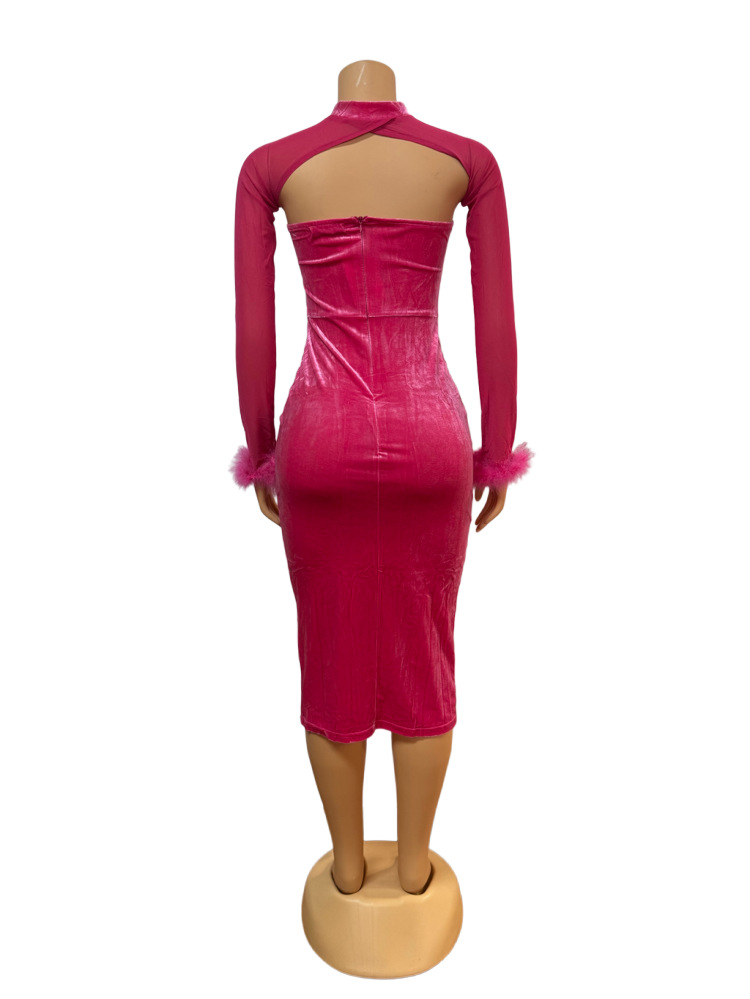 Low-Cut Sexy strapless Low-Back Bodycon Dress Feather Patchwork Long-Sleeve Top Two Piece Set