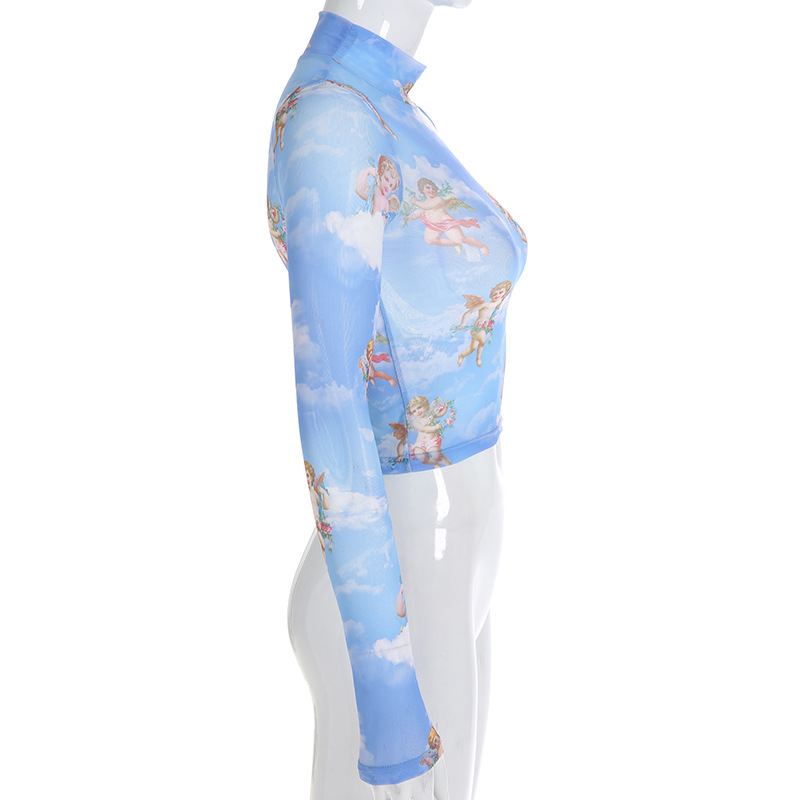 Women's Angel Print Mesh Long-Sleeve T-Shirt