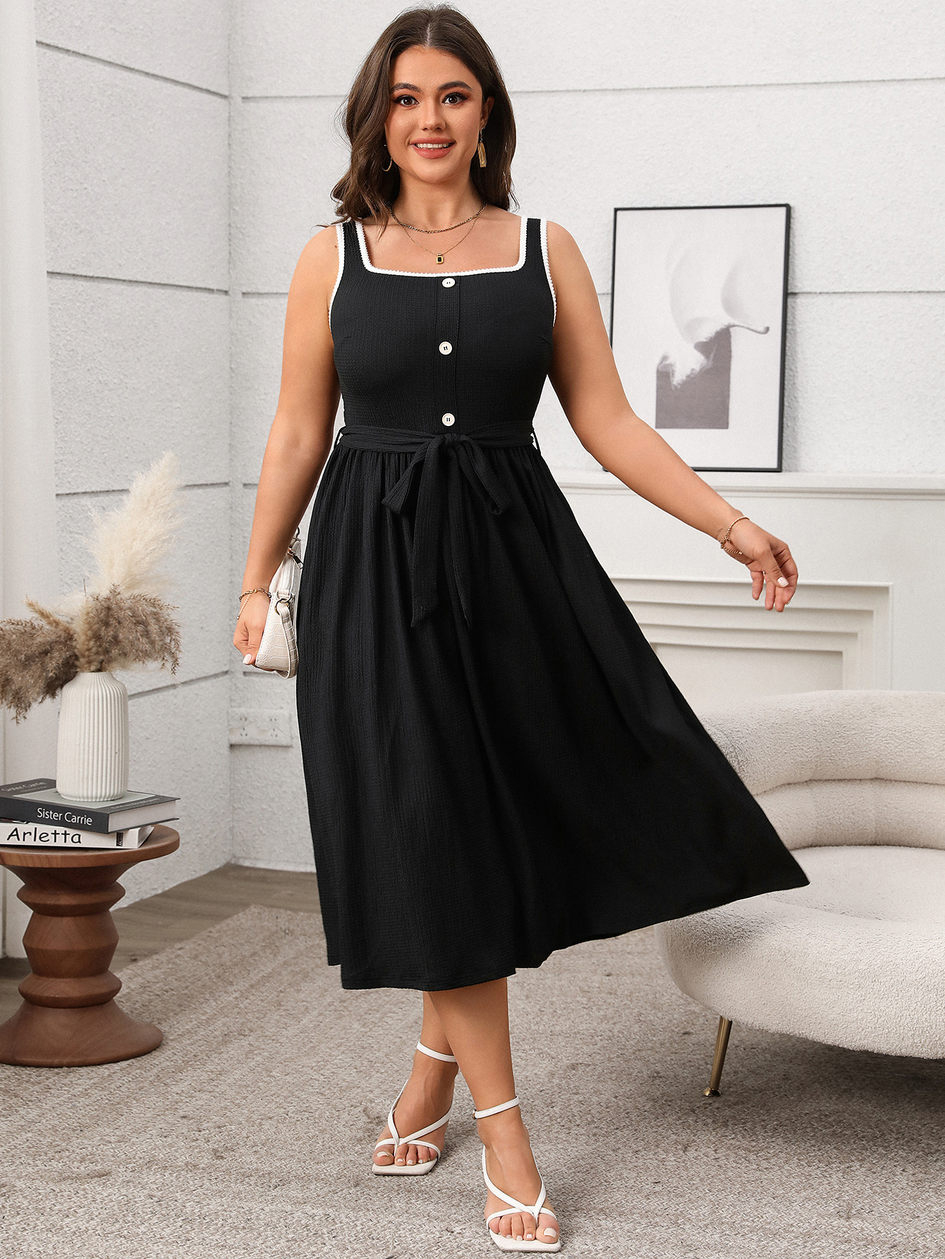 Spring/Summer Plus Size Solid Color Casual Strap Low-Back Long Dress