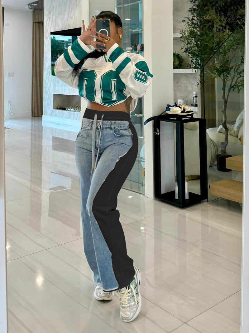 Spring/Summer Denim Print Contrast Pocket Elastic Waist Casual Straight-Leg Pants