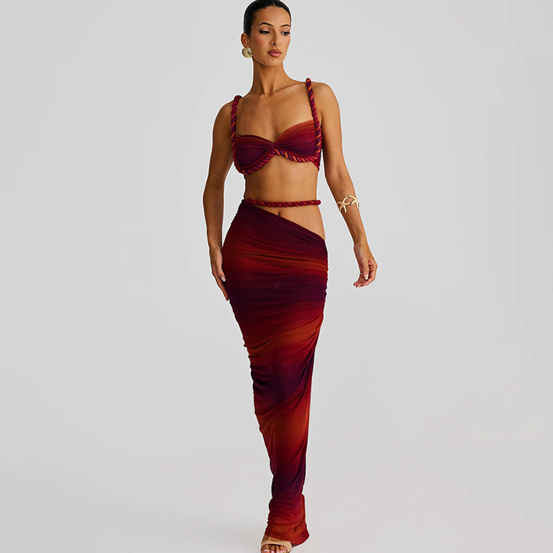 Women Spring Sexy Solid Backless Top and Bodycon Skirt Two-piece Set