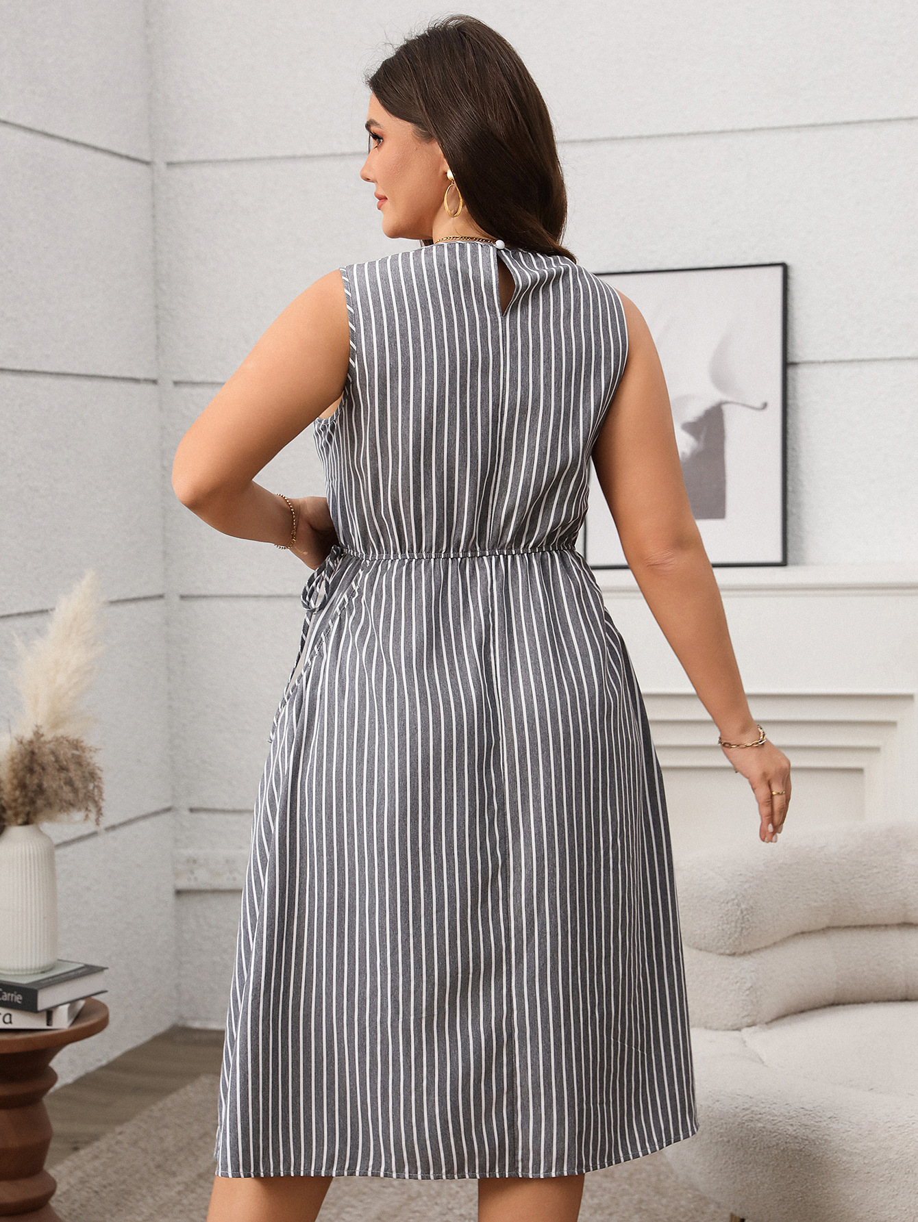 Spring/Summer Women's Plus Size Casual Contrast Stripe Sleeveless Pocket Dress