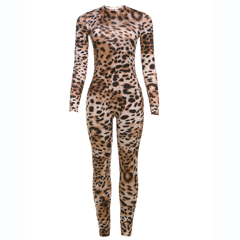 Women Sexy Contrast Leopard Round Neck Long Sleeve Jumpsuit