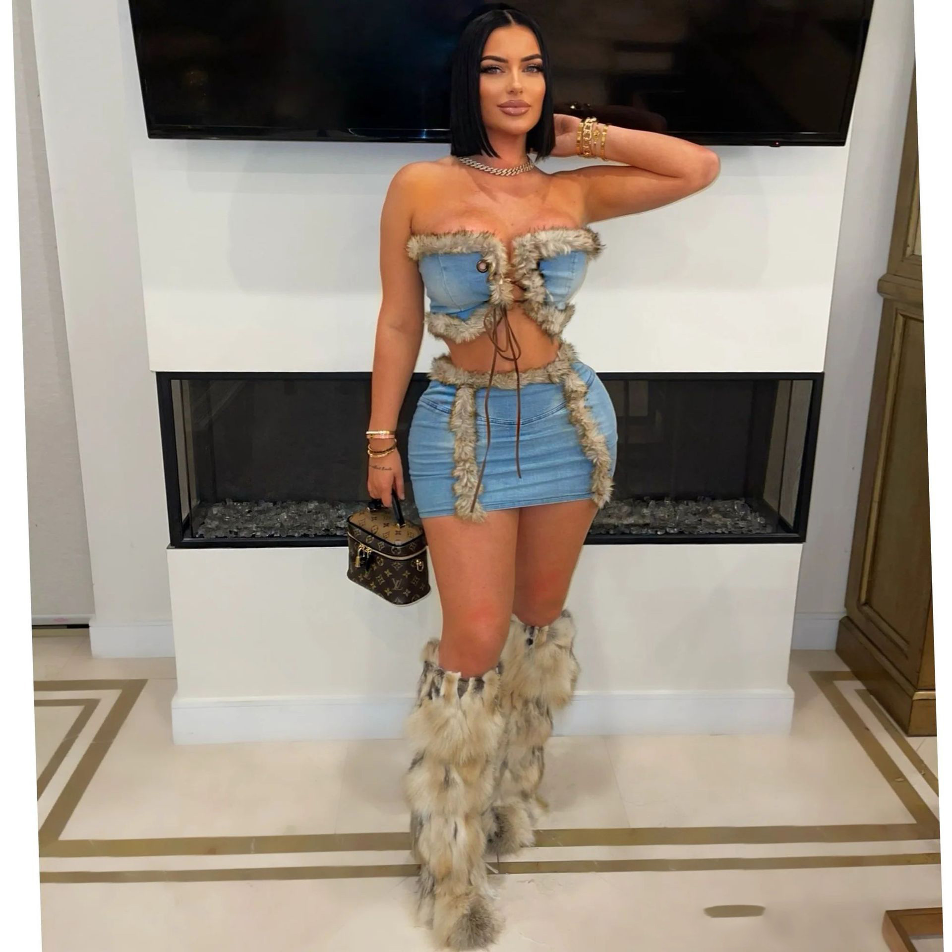 Women Plush Strapless Top and Bodycon Skirt Denim Two Piece Set