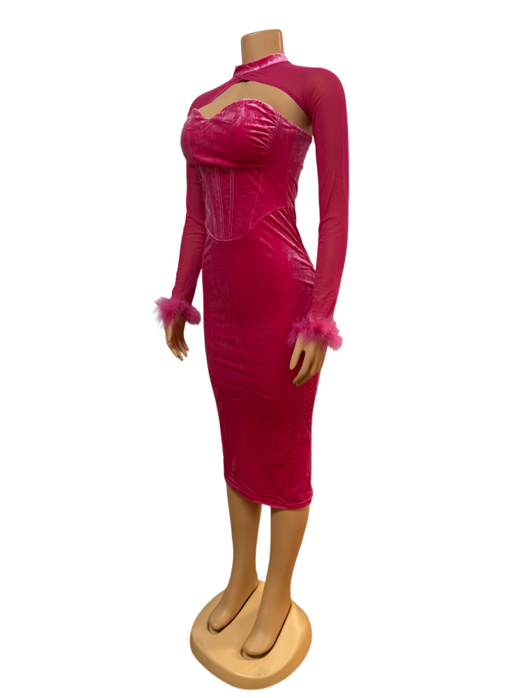 Low-Cut Sexy strapless Low-Back Bodycon Dress Feather Patchwork Long-Sleeve Top Two Piece Set