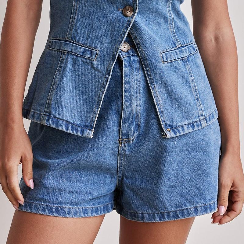 Spring/Summer Fashion Sleeveless Slim Waist Vest High-Waist Loose Denim Shorts Set