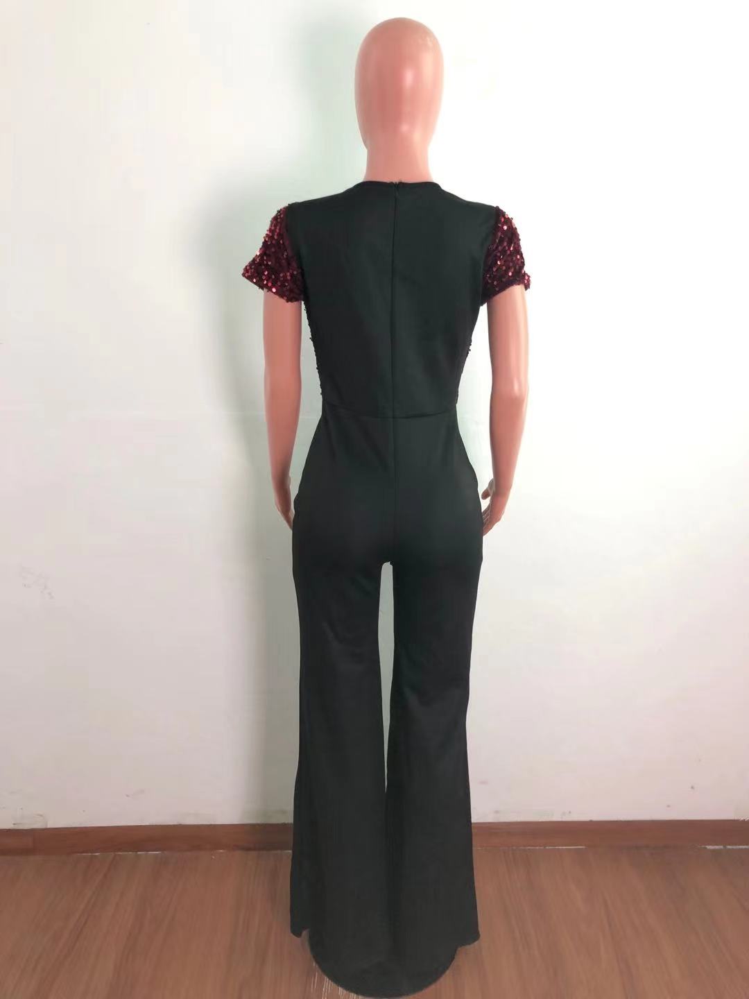 Women Irregular Sequin Patchwork Short Sleeve Jumpsuit