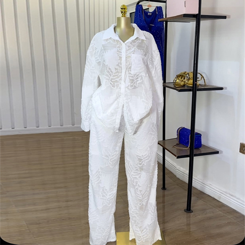 Women Summer Turndown Collar Patch Pocket Long Sleeve Shirt and Straight PantsTwo Piece Set