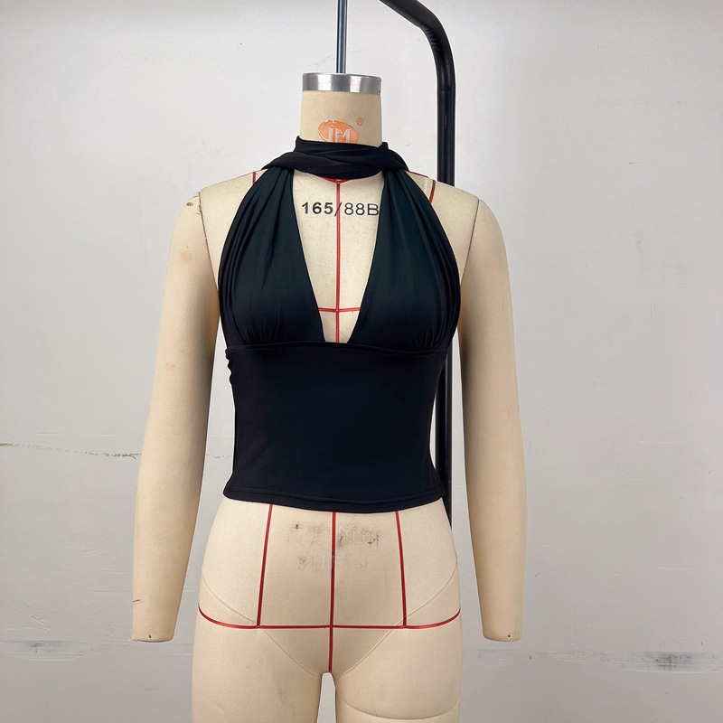 Halter Neck Camisole Summer Solid Color Deep V Tie Sleeveless Low-Back Top