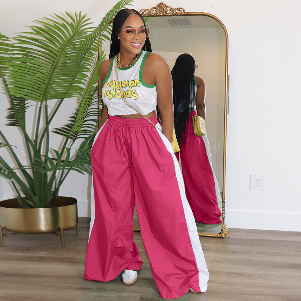 Women Sports Contrast Patchwork Casual Wide Leg Pants