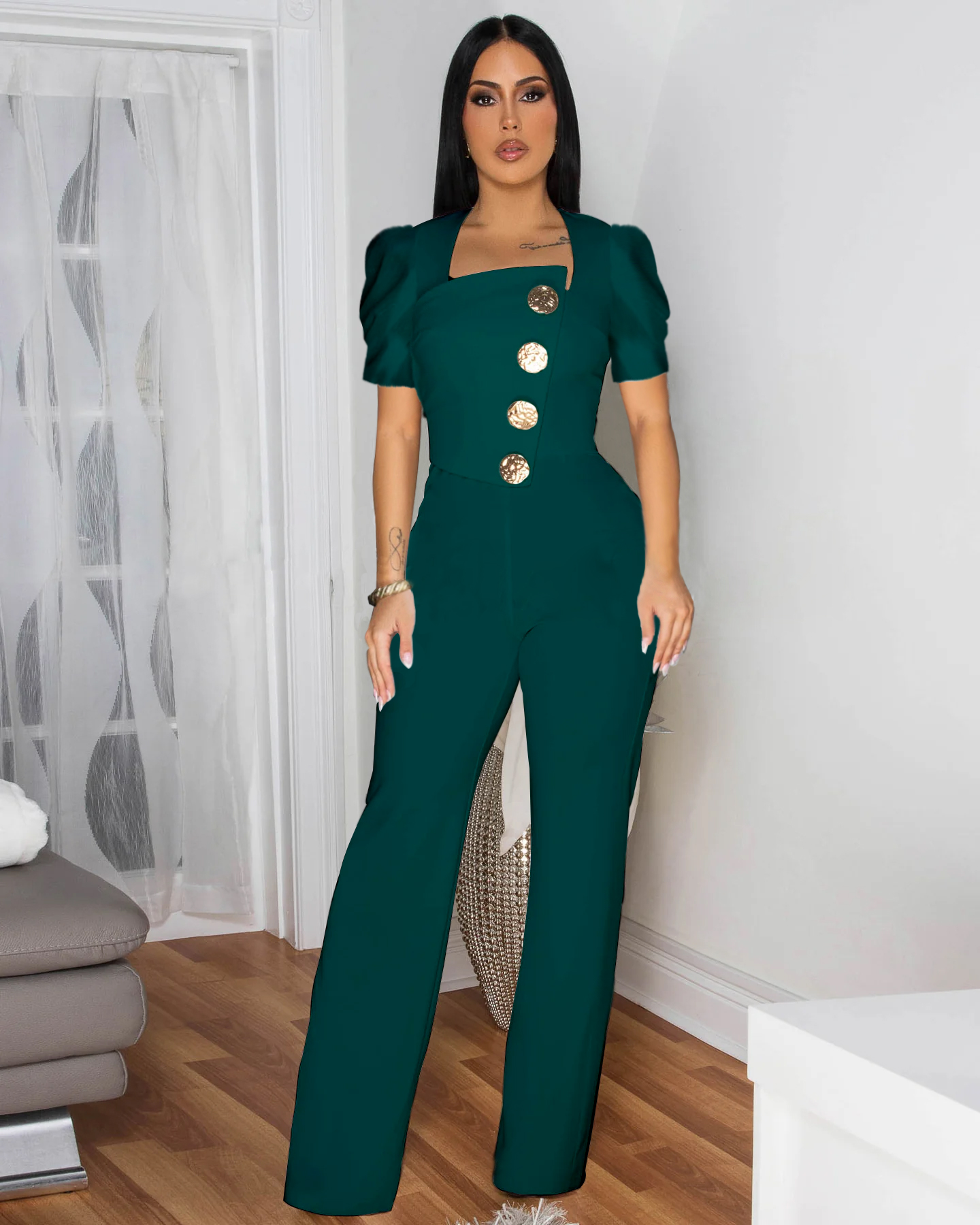 Women Fashion Short Sleeve Button Jumpsuits