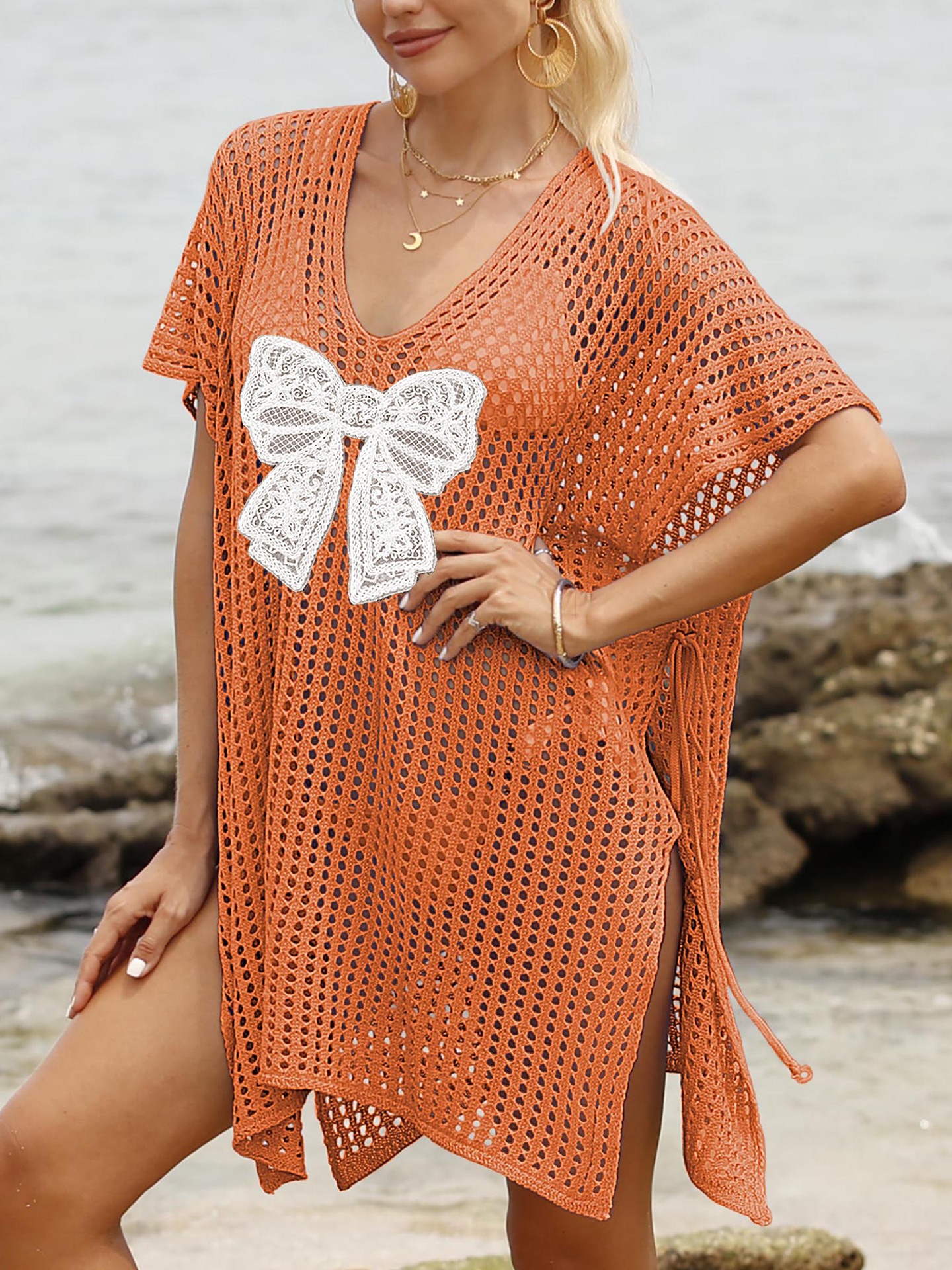 Women Bikini Cover-up Lace Butterfly Patchwork Hollow Lace-Up Beach Dress