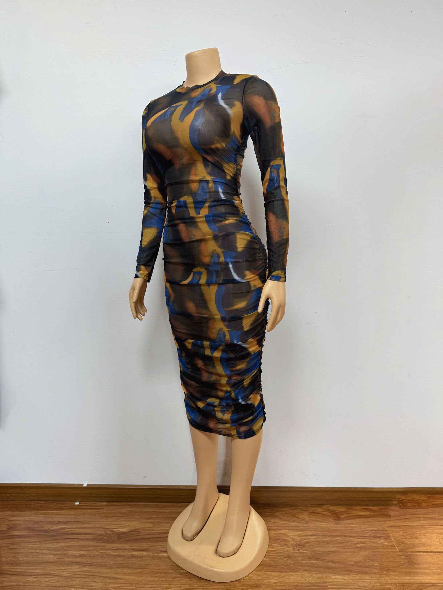 See-Through Mesh Sexy Round Neck Long-Sleeve Bodycon Dress