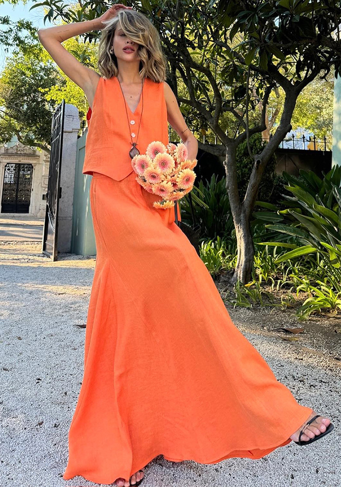 Women Orange Sleeveless Top and Skirt Casual Two Piece Set