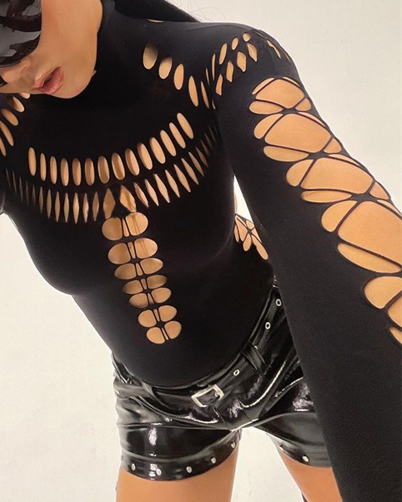 Women Hollow Ripped Hollow High Neck Bodysuit