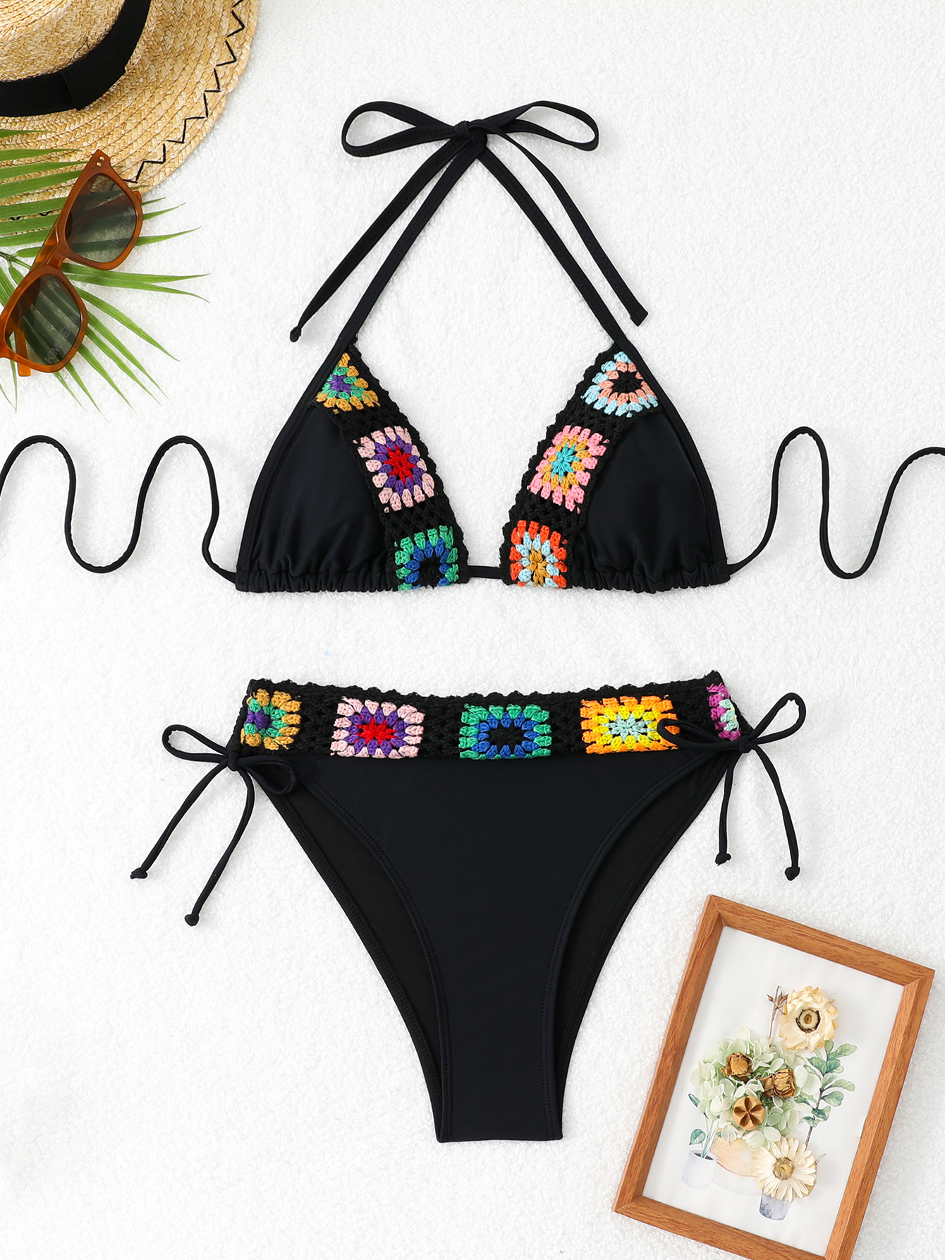 Bikini Set Embroidered Halter Tie-Back Swimsuit for Women