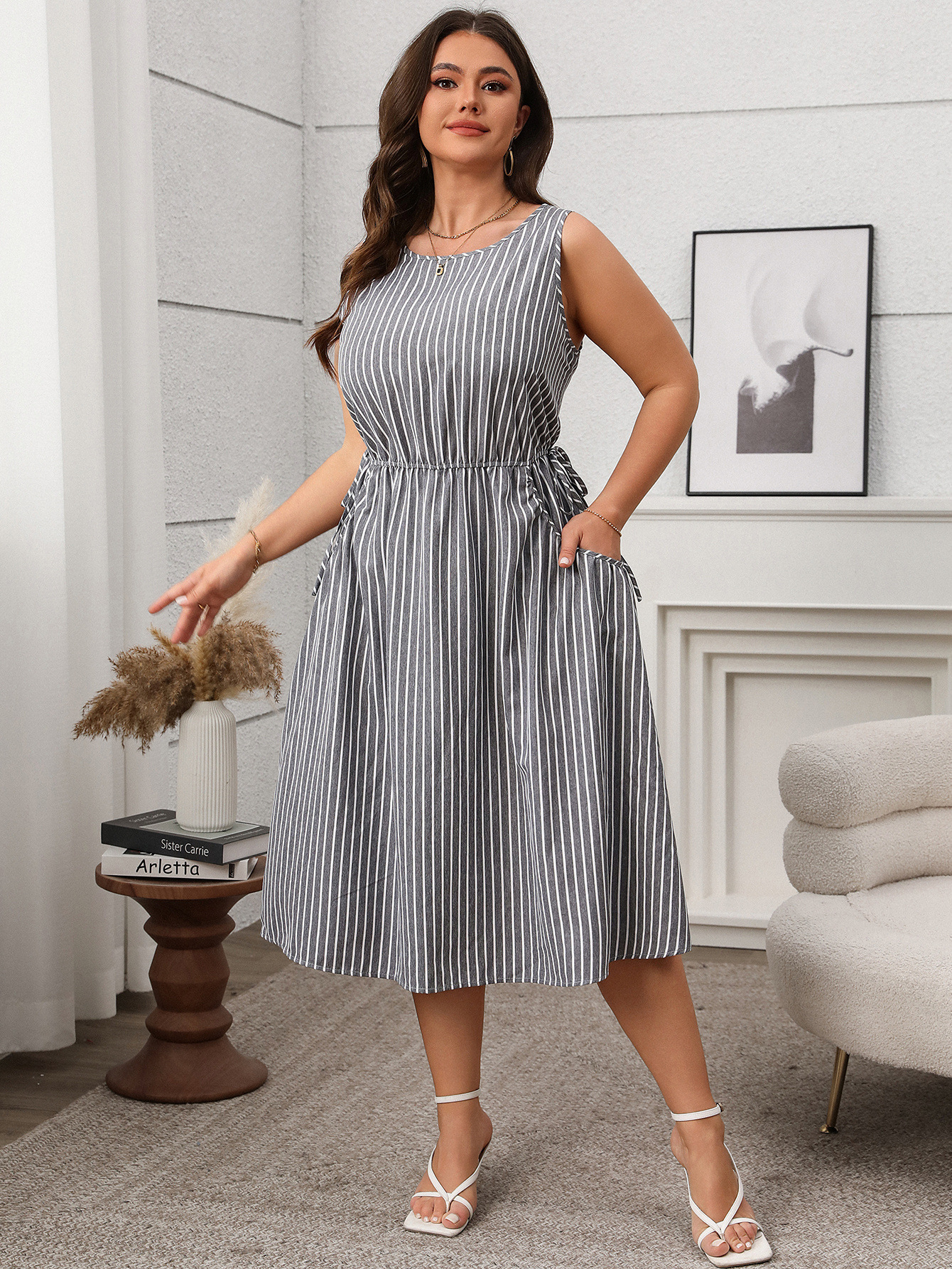 Spring/Summer Women's Plus Size Casual Contrast Stripe Sleeveless Pocket Dress