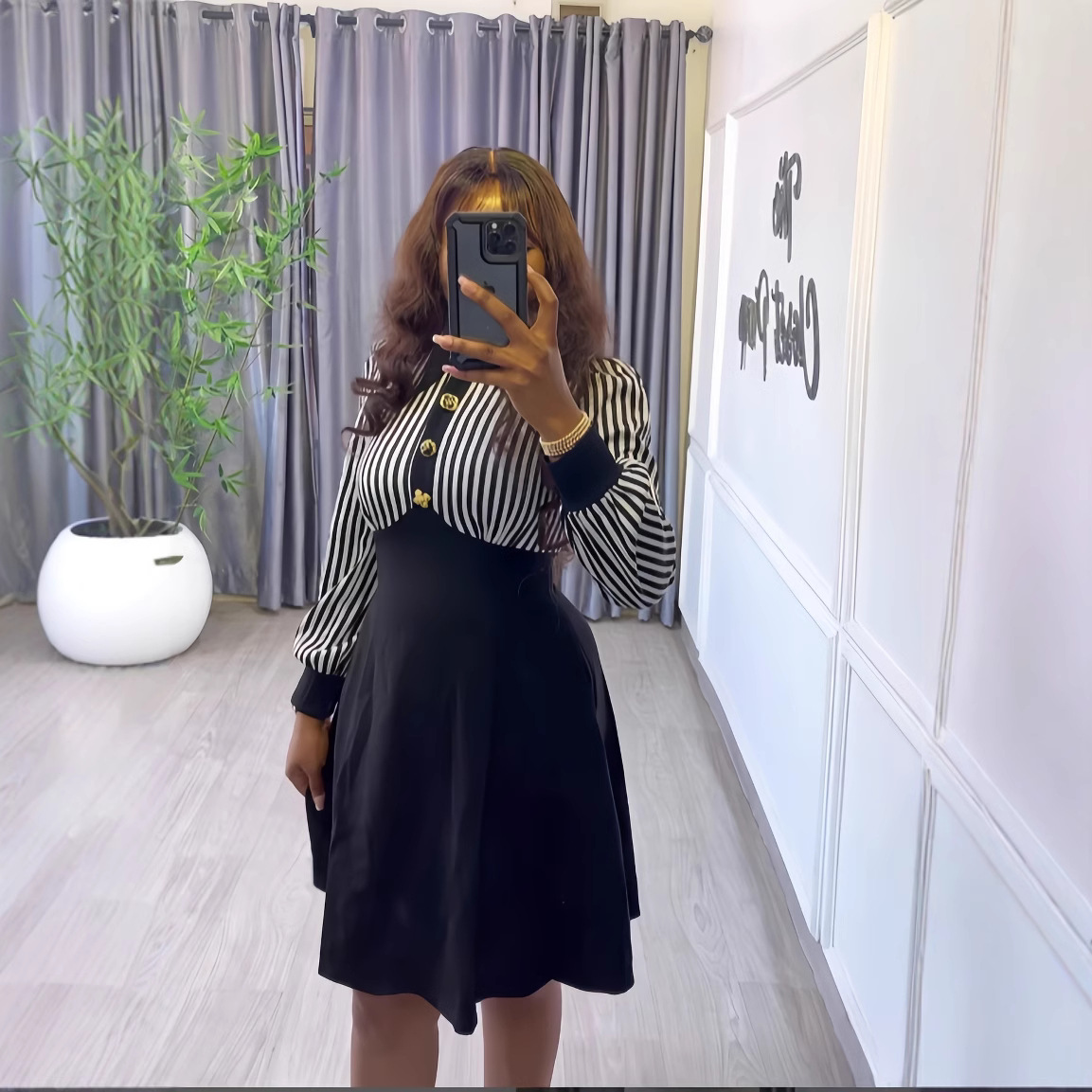 Women Spring Long Sleeve Single-Breasted Shirt Collar Striped Dress