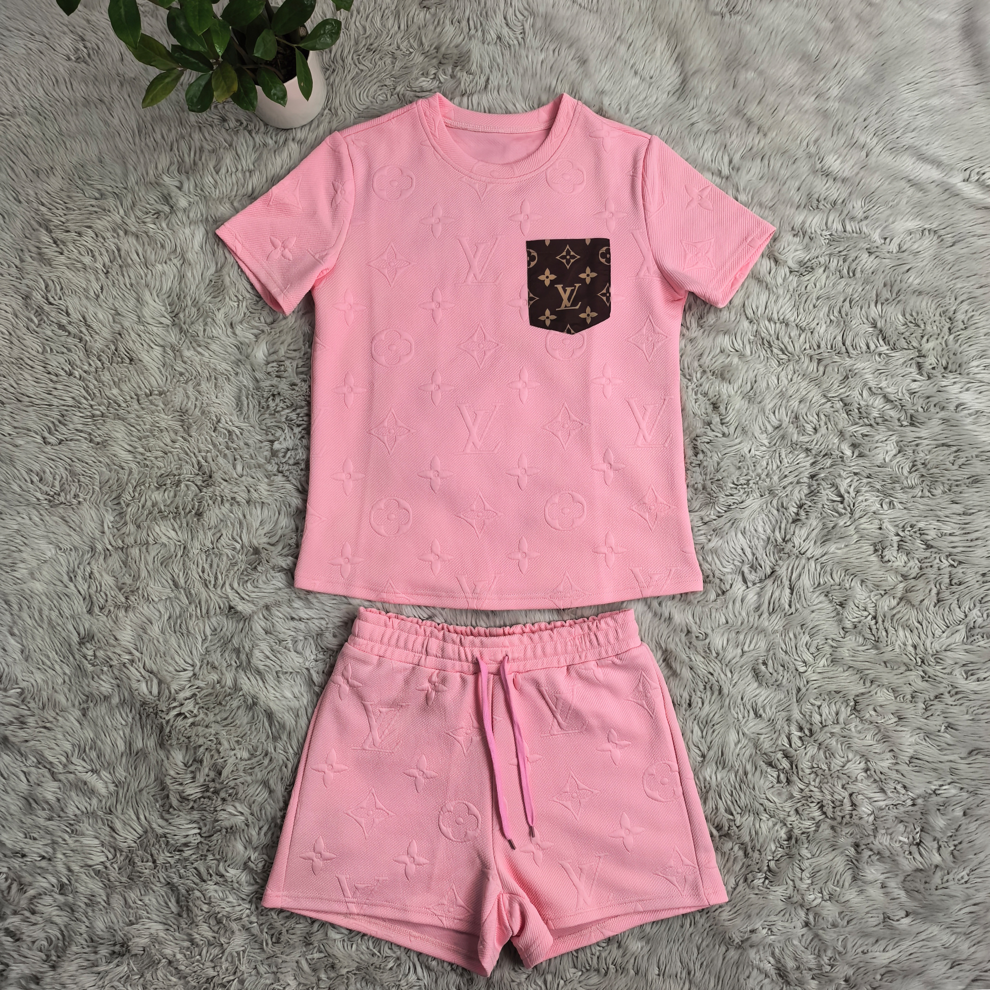 Women Short Sleeve Patch procket Top and Shorts Two Piece Set