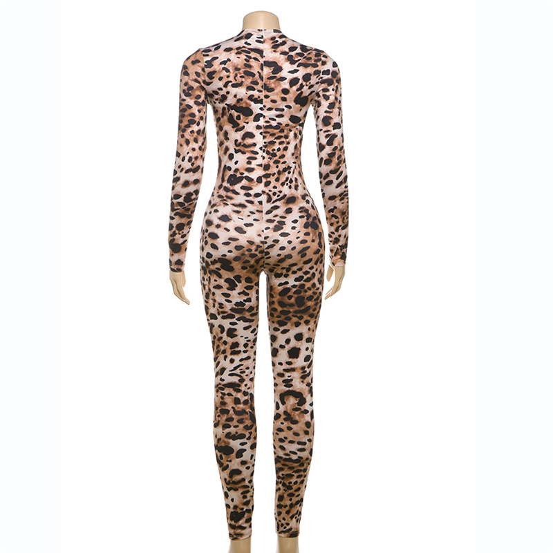 Women Sexy Contrast Leopard Round Neck Long Sleeve Jumpsuit