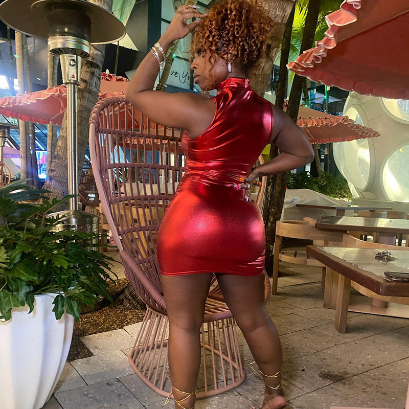 Women's Shiny Faux Leather Sleeveless Slim Waist Bodycon Dress