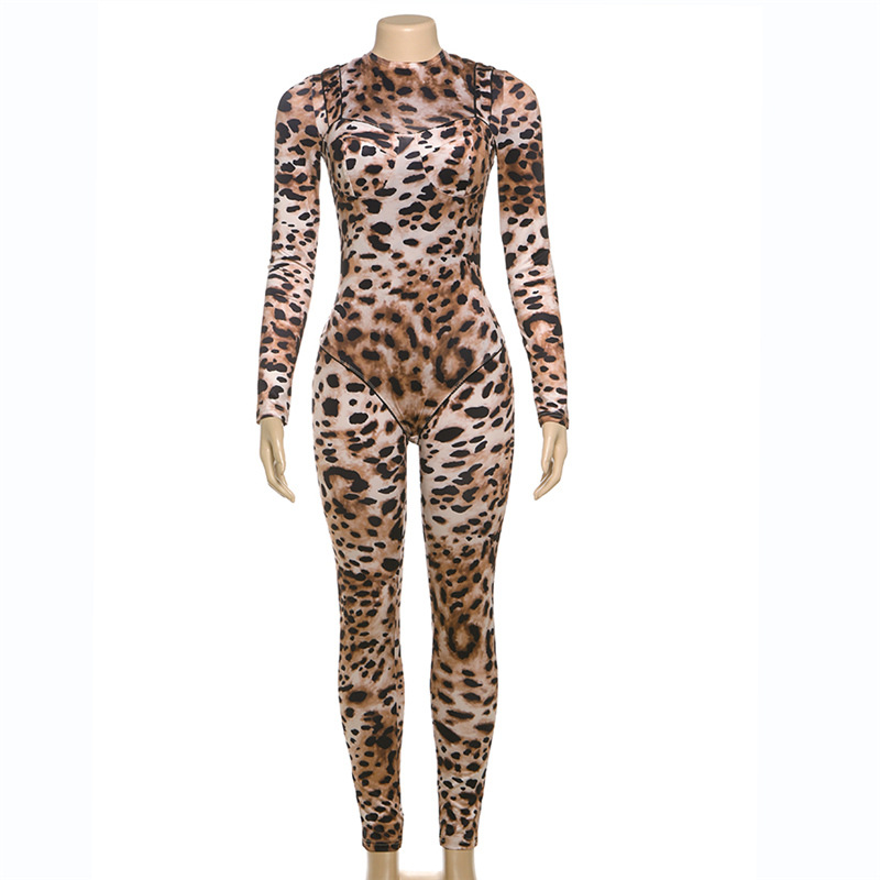 Women Sexy Contrast Leopard Round Neck Long Sleeve Jumpsuit