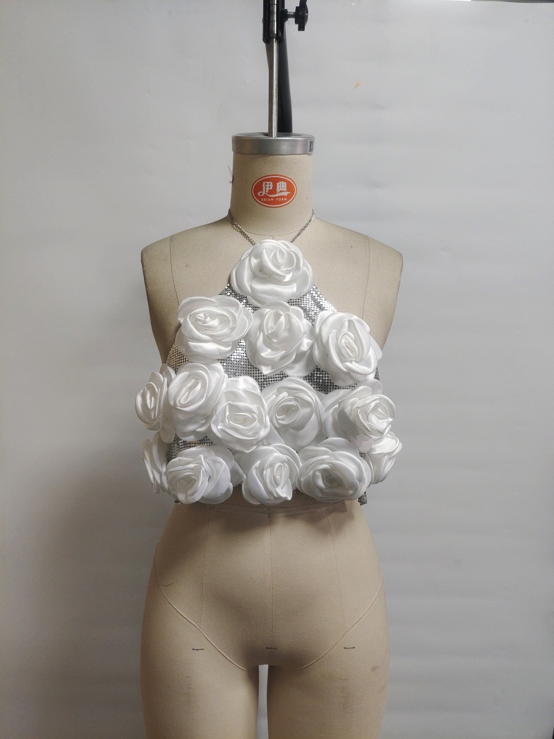 Women's Sexy Metallic Sequin Top White Floral Camisole