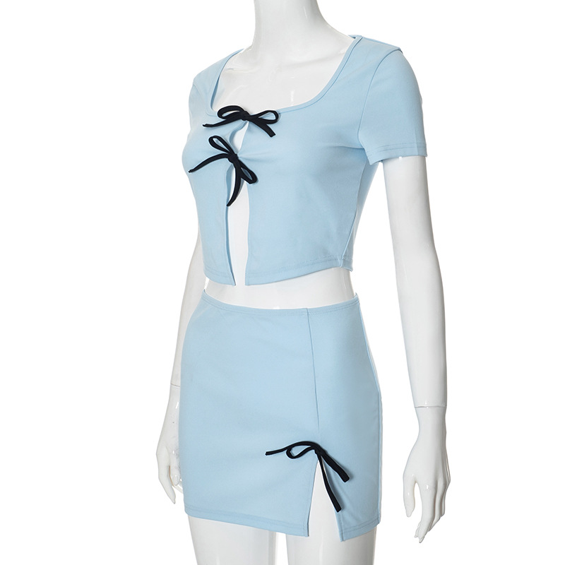 Women Spring Bowknot Hollow Crop Top and Skirt Two Piece Set