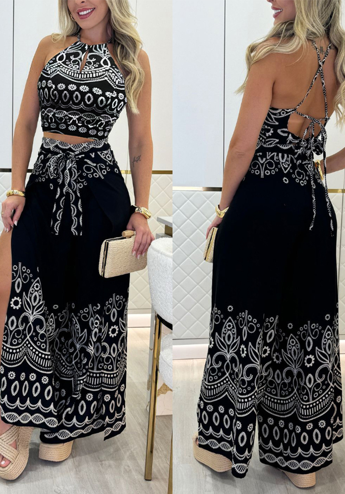 Women Retro Lace-Up Print Crop Top and Pants Two Piece Set